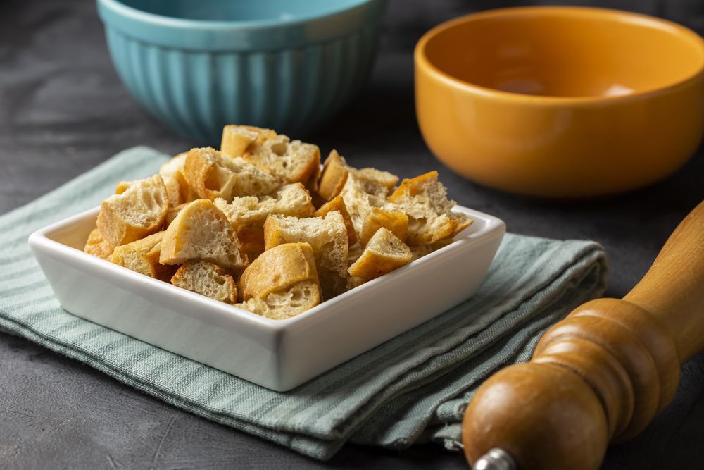 Delicious crunchy croutons on the table.