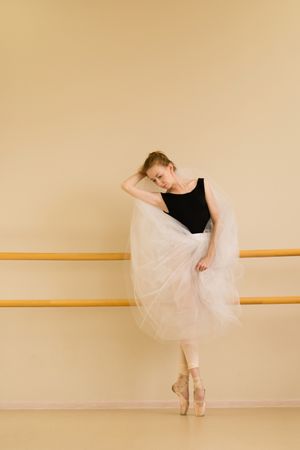 Ballet dancer strikes pose with tulle in dance studio