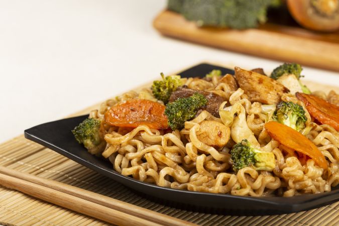 Yakisoba noodles. Yakisoba dish with meat, chicken and vegetables.