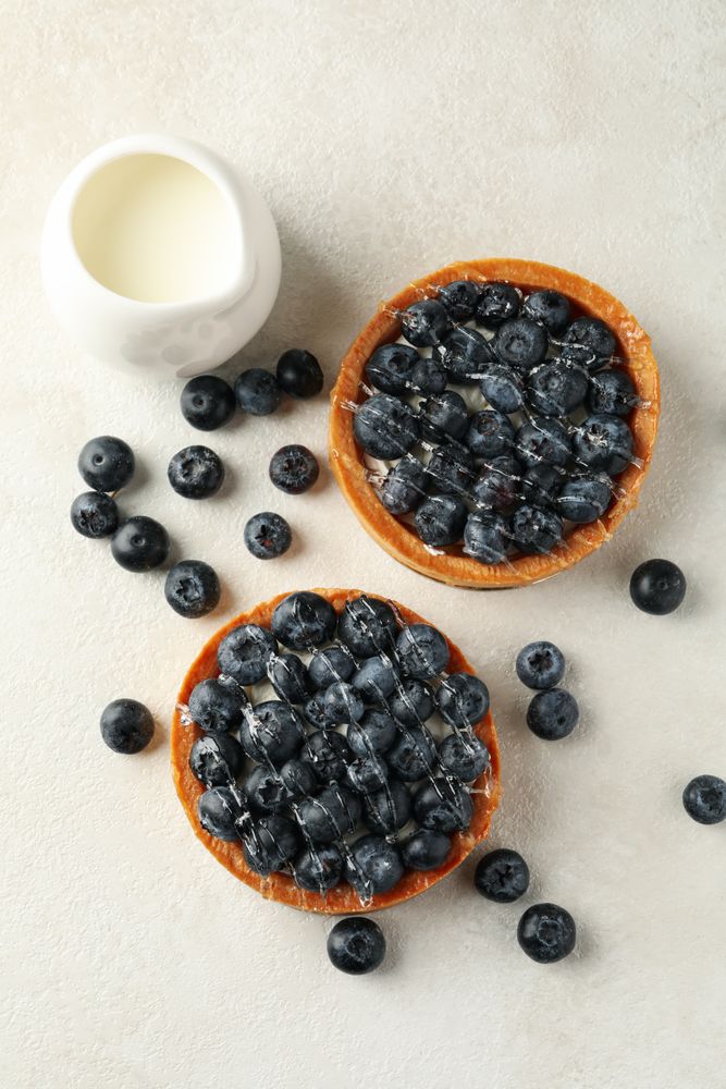 Milk and blueberry pies on gray background