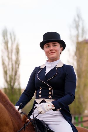 Equestrian in dressage attire on chestnut horse
