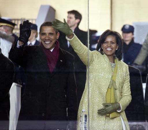 Washington DC, USA --January 24, 2009: Michelle and Barack Obama watch the parade from the viewing stand in front of the White House, Washington, D.C. at the Inaugural Parade.