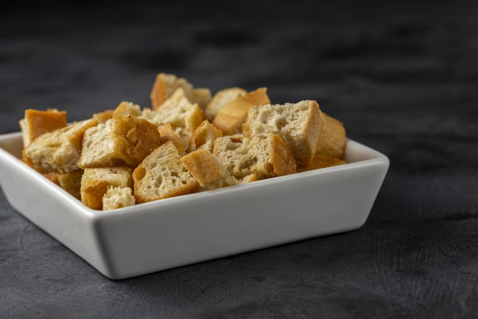 Delicious crunchy croutons on the table.