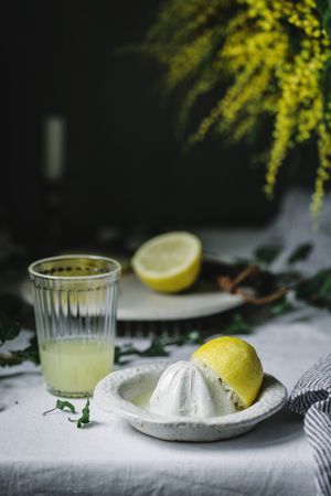 Squeezer and lemon at glass of juice