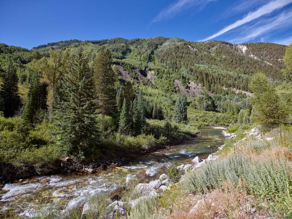 Clear river rushing through forested mountains in Colorado