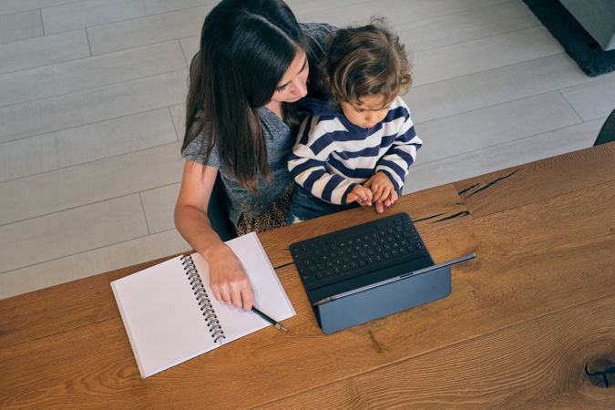 From above woman with son sitting with tablet