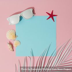 Beach accessories and palm leaves on pastel pink and blue background 5kpqP4
