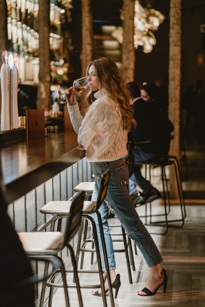 Stylish woman drinking wine in bar