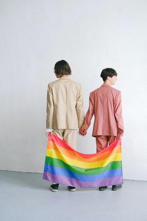 Back view of two people in colorful suits holding hands and carrying rainbow flag against light background