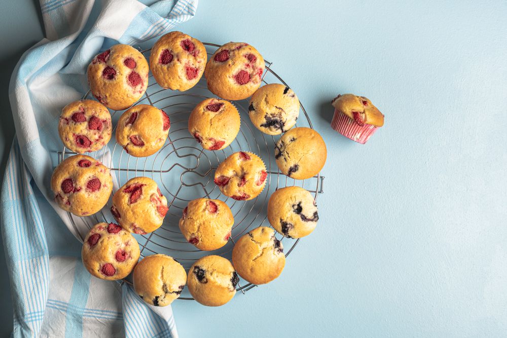 Top view of muffins on a cooling rack