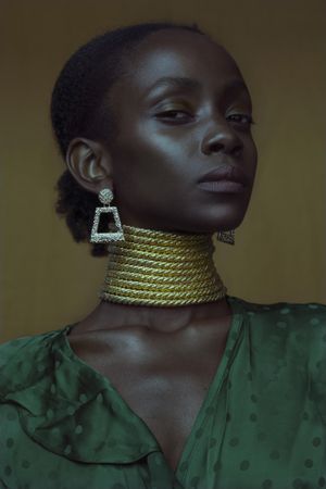 Portrait of woman in golden choker necklace and green top