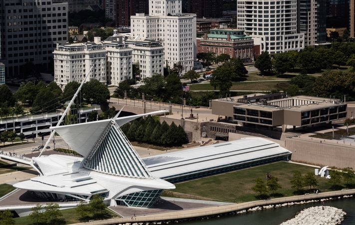 Aerial view of the Milwaukee Art Museum in downtown Milwaukee, Wisconsin