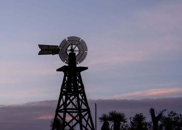 Silhouetted windmill in Trans-Pecos region of Texas