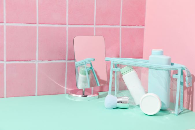 Bath accessories, toilet bag, space for text