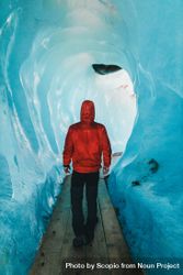 Back view of person in red jacket walking in an iced cave 5QMEX5