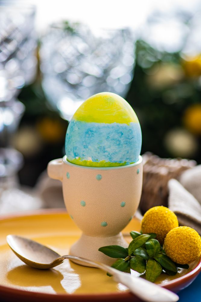 Close up of painted egg in plate