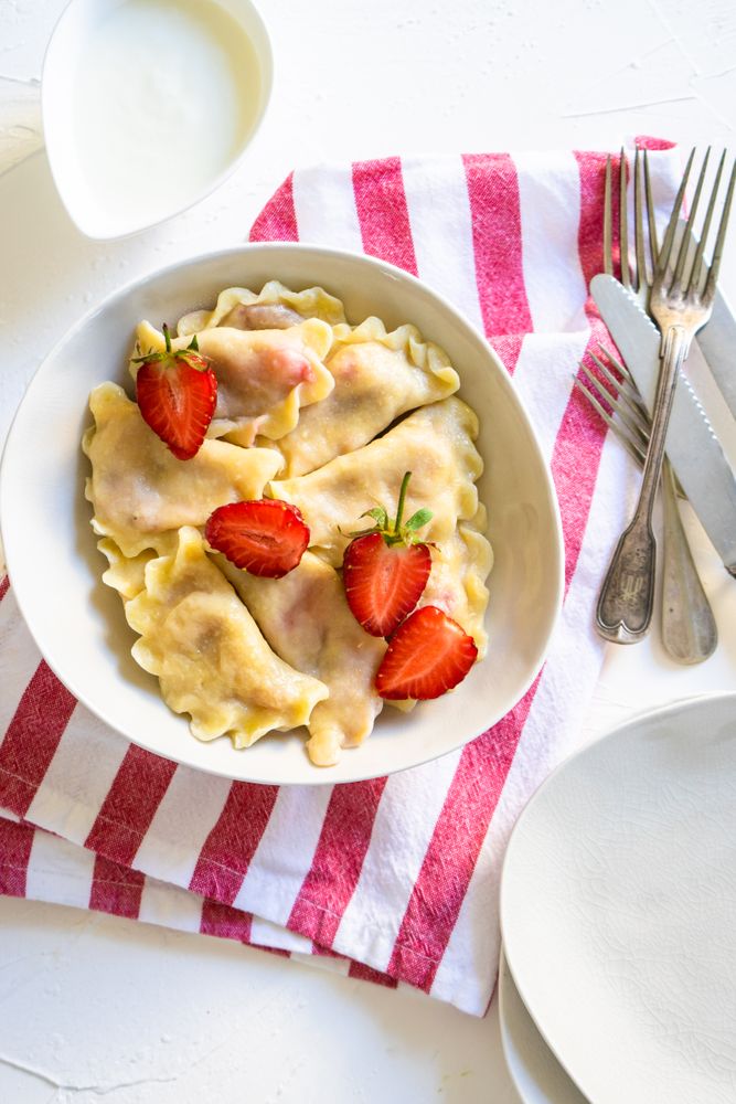 Top view of bowl of Ukrainian dessert dumplings