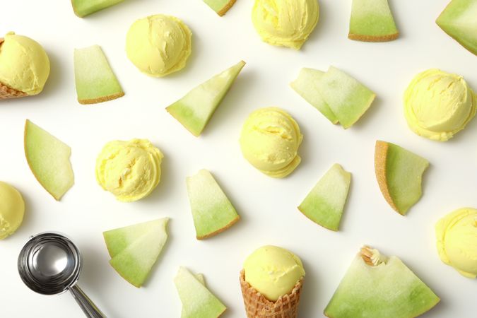 Ice cream scoops with slices of fresh melon