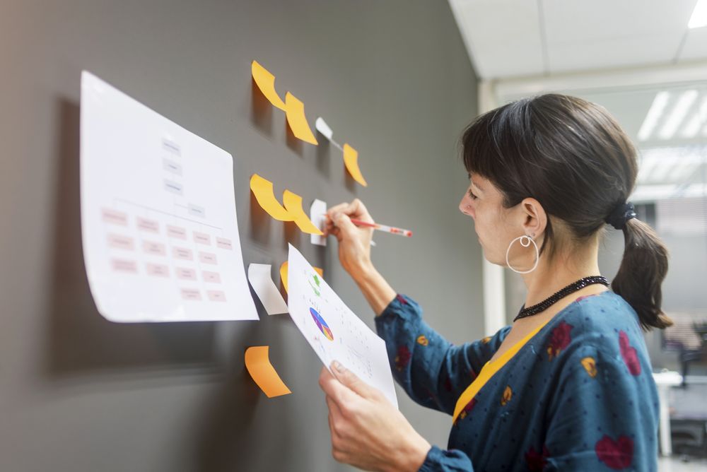Businesswoman writing on sticky notes