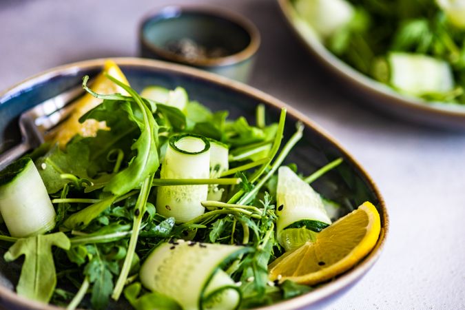 Close up of two healthy vegetable salad with arugula and avocado