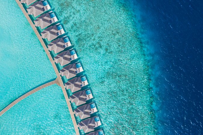 Aerial shot of holiday villas in the Maldives