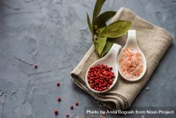 Top view of two bowls of bay leaves, Himalayan salt and red peppercorns on kitchen towel bE9gXo