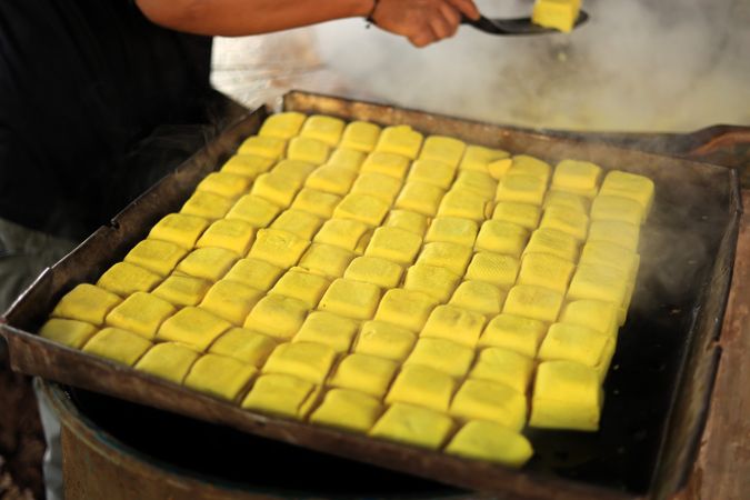 Fresh Made Boiled Yellow Tofu at Indonesia Tofu Factory