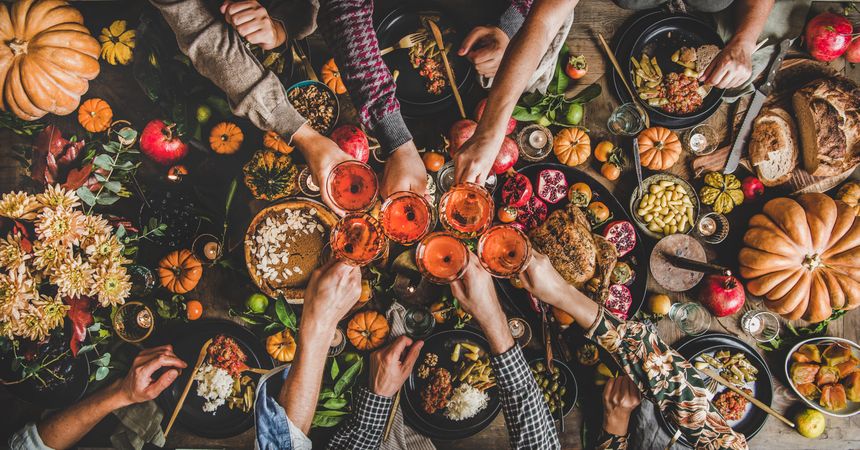 Group of people toasting wine at festive table with roast chicken, squash, pie, wide composition