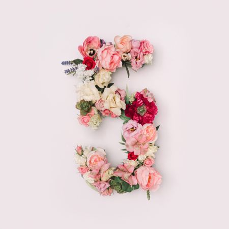 Number 5 made of real natural flowers and leaves