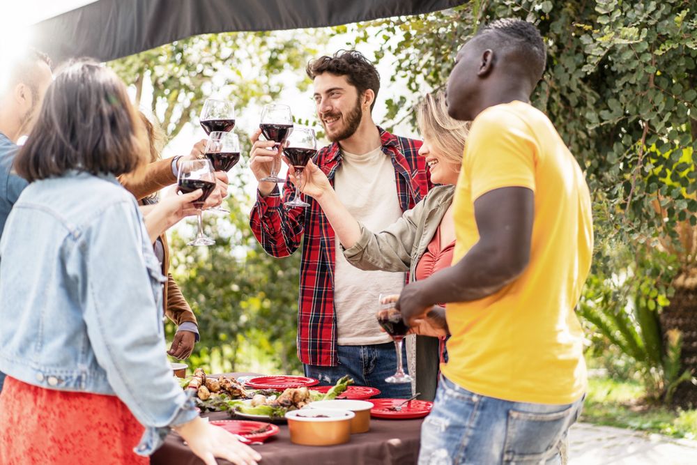 A vibrant outdoor gathering with diverse friends toasting with wine glasses