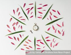 Colorful bright pattern of petals and leaves surrounding hand clock and key 5R32R4