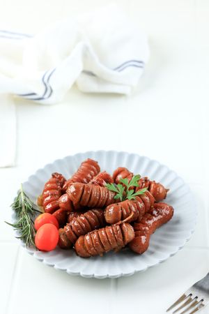 Stir Fry Sausages Black Pepper on Ceramic Plate