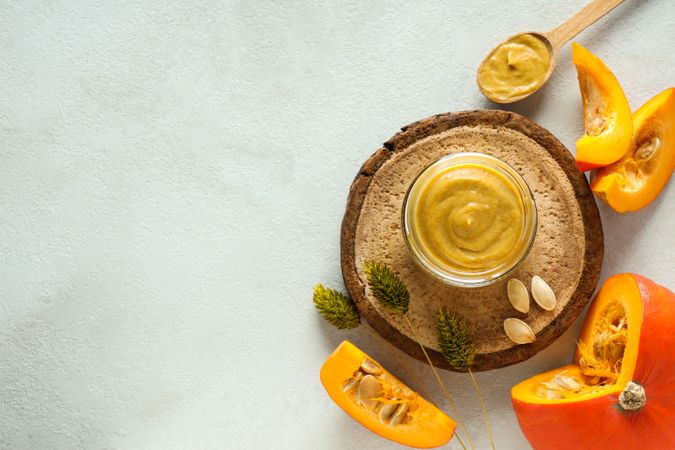 Concept of different cosmetic products, Pumpkin cosmetics, space for text