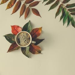 Autumn leaves and coffee cup on table