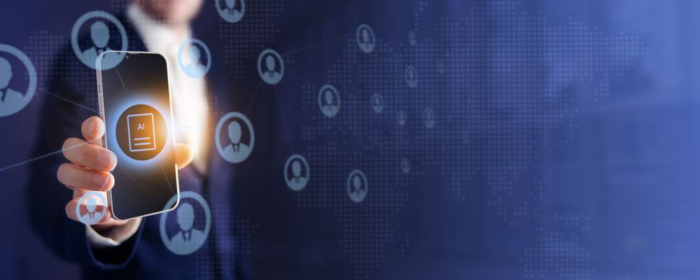 Ai and business management banner with man holding smartphone
