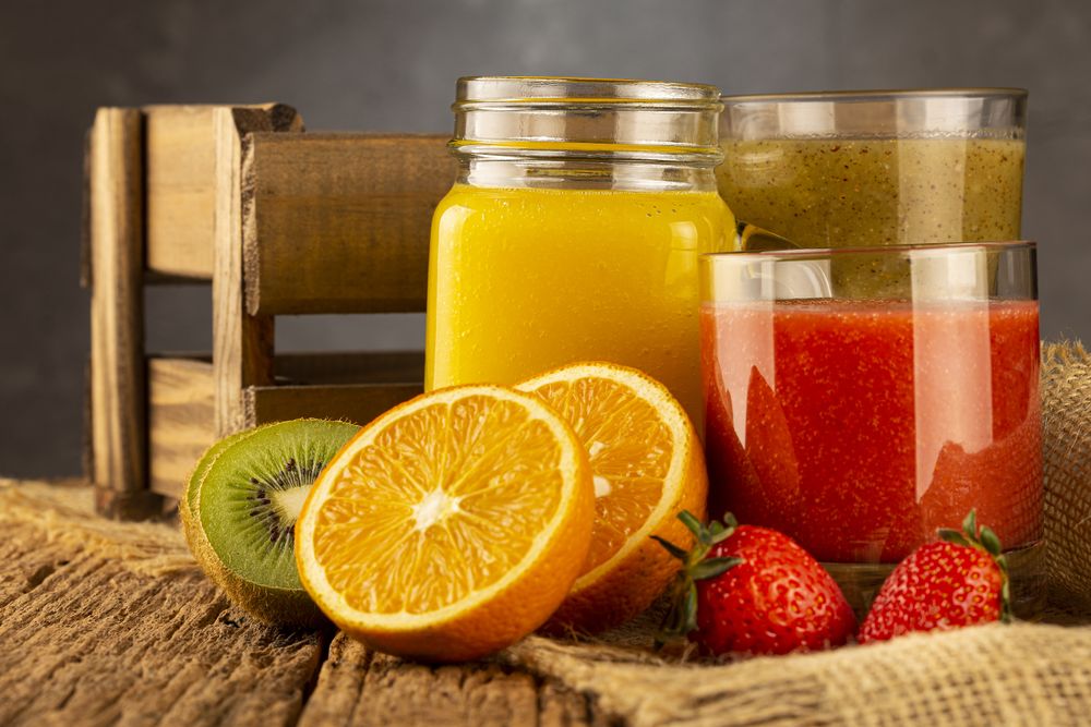 Variety of fruit juices. Fruit smoothies.