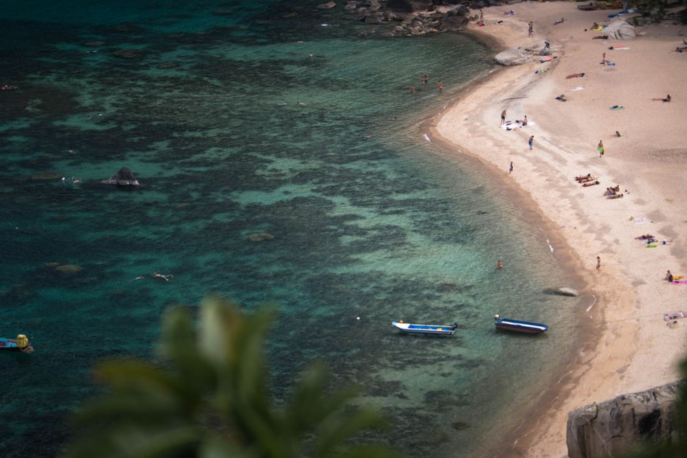 Aerial view of blue boats on seashore