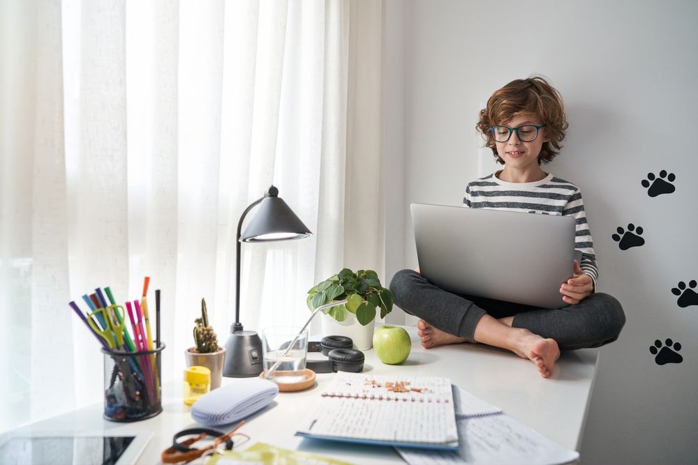 Cheerful boy browsing laptop while sitting on table