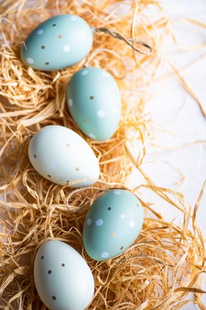 Blue and cream Easter eggs surrounded with hay