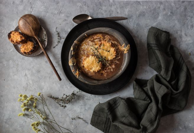 Bowl with French onion soup