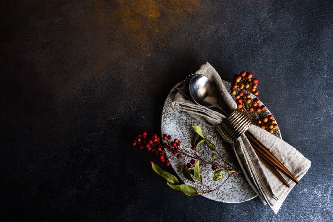 Autumnal napkin, silverware and grey plate with wild red berries and copy space
