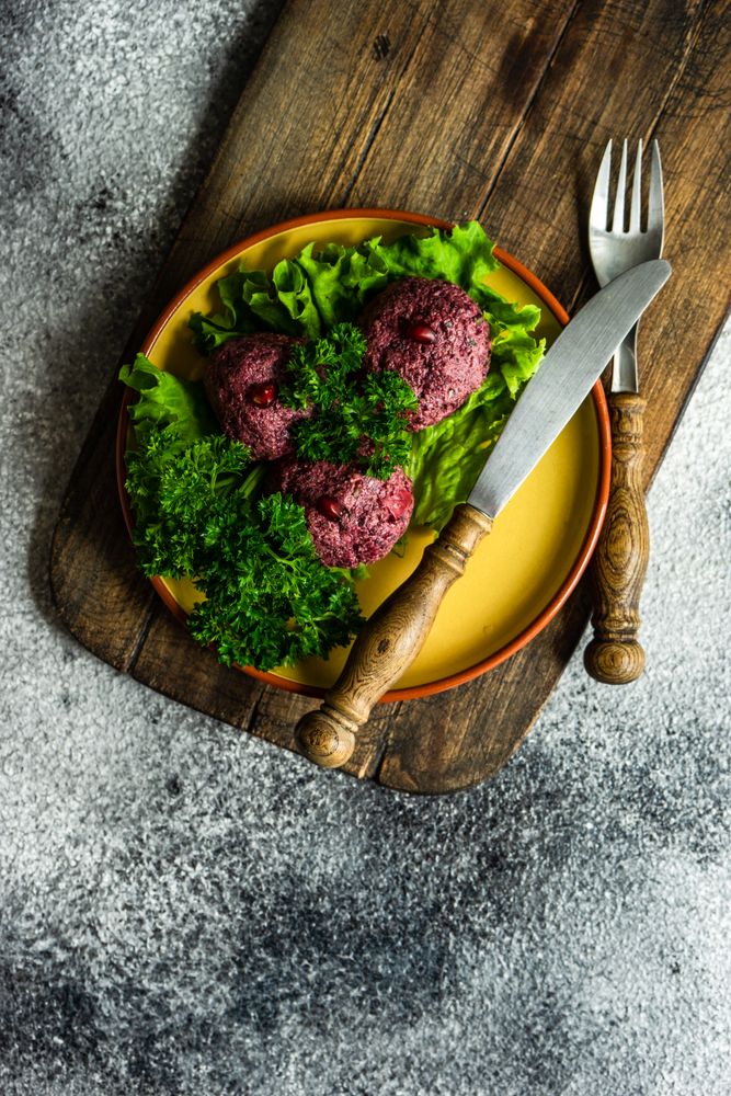 Top view of traditional Georgian dish vegetable dish, pkhali with copy space