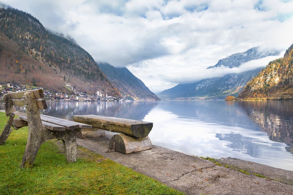 Rustic benches on lakeshore with also in background