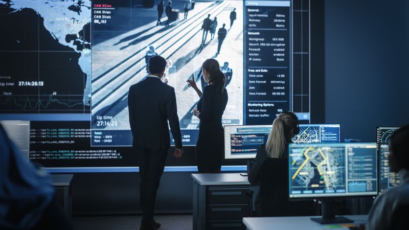 Surveillance Team Analyzes Pedestrian Footage on Large Screen.
