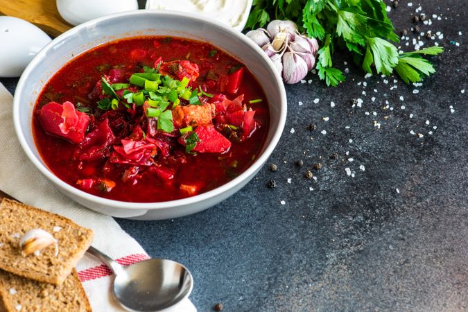 Ukrainian beetroot soup borscht with crackers