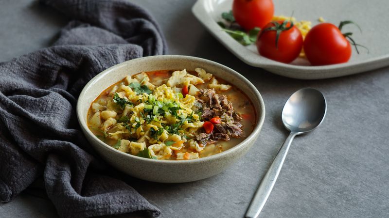 Manpar soup with pasta, traditional soup of  middle asia