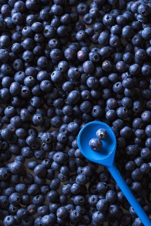 Two blueberry fruits in a spoon