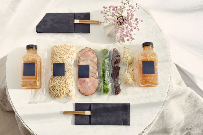 Ingredients for ramen soup preparation in vacuum bags