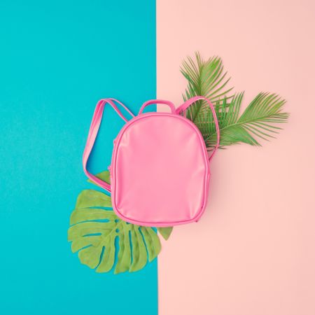 Pink bag with tropical leaves on minimal pastel pink and blue background
