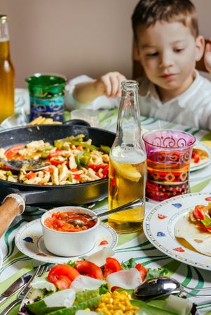 Pan with mexican food on a table